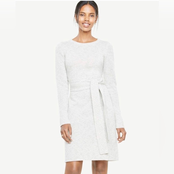 Ann Taylor Mix Wool Gray Knitted Sweater Belted Sweater Dress Size M - Picture 1 of 9